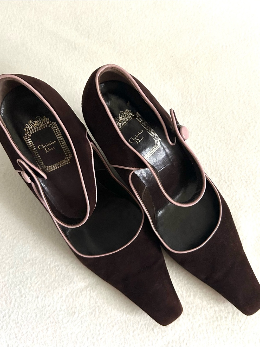 RARE Vintage DIOR Brown Suede Mary Jane Pumps with Pink Trim